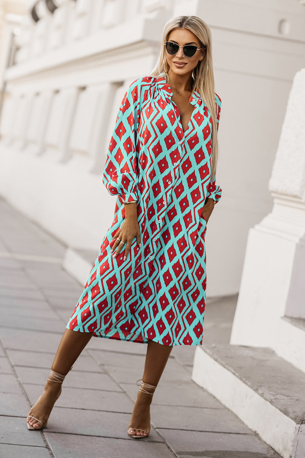 Shirt Dress | Sky Blue Western Geometric Print Split Buttoned