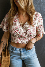 Load image into Gallery viewer, Pink Floral Print V Neck Wrapped Cropped Blouse | Tops/Blouses &amp; Shirts
