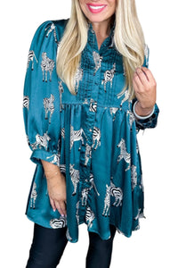 Blue Printed Zebra Pattern Pleated Shirt Tunic Dress | Dresses/Mini Dresses