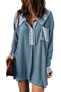 Sky Blue Waffle Knit Buttoned Long Sleeve Top | Tops/Long Sleeve Tops