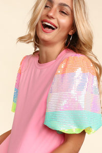 Puff Sleeve Top  | Sequin Color-Block Striped Blouse