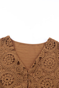 Brown Lace Crochet Buttoned V Neck Babydoll Top | Tops/Blouses & Shirts