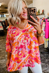 Summer Blouse | Rose Red Abstract Print V Neck Top