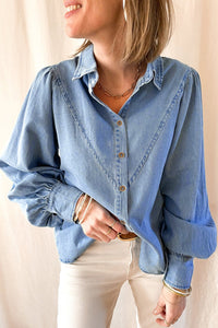 Sky Blue V-shape Stitching Puff Sleeve Denim Shirt | Tops/Blouses & Shirts