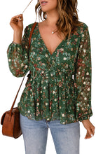 Load image into Gallery viewer, Green Floral Print Wrap V Neck Peplum Top | Tops/Blouses &amp; Shirts
