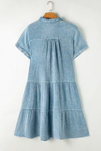 Beau Blue Mineral Wash Crinkle Split Neck Raw Hem Tiered Dress | Dresses/Mini Dresses