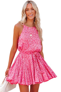 Pink Leopard Print Sleeveless Mini Dress with Waist Tie | Dresses/Mini Dresses