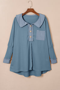 Sky Blue Waffle Knit Buttoned Long Sleeve Top | Tops/Long Sleeve Tops