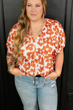 Load image into Gallery viewer, Orange Plus Size Floral Print Drawstring V Neck Short Sleeve Blouse | Plus Size/Plus Size Tops/Plus Size Blouses &amp; Shirts
