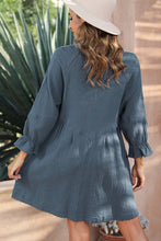 Load image into Gallery viewer, Sail Blue 3/4 Ruffled Sleeve Buttoned Crinkled Shirt Dress | Dresses/Mini Dresses
