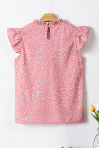 Pink Polka Dots Ruffle Flutter Sleeve Frilled Neck Blouse | Tops/Blouses & Shirts