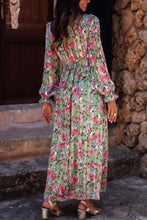 Load image into Gallery viewer, Green Floral Print Deep V Neck Ruched Cinched Waist Maxi Dress | Dresses/Floral Dresses
