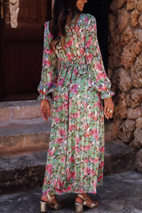 Green Floral Print Deep V Neck Ruched Cinched Waist Maxi Dress | Dresses/Floral Dresses