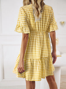 Mini Dress | Plaid Flounce Sleeve Buttoned