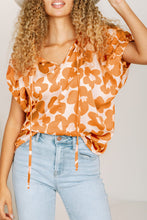 Load image into Gallery viewer, Orange Satin Floral Puff Sleeve Tied Split Neck Top | Tops/Tops &amp; Tees
