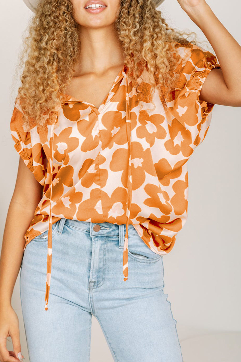 Orange Satin Floral Puff Sleeve Tied Split Neck Top | Tops/Tops & Tees