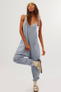 Gray Jumpsuit | Gray Waffle Knit Spaghetti Straps Loose Fit