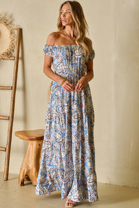 Blue Boho Paisley Print Off Shoulder Maxi Dress | Dresses/Floral Dresses