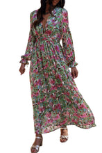 Load image into Gallery viewer, Green Floral Print Deep V Neck Ruched Cinched Waist Maxi Dress | Dresses/Floral Dresses
