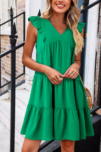 Load image into Gallery viewer, Bright Green Solid Color V Neck Ruffle Tiered Mini Dress | Dresses/Mini Dresses
