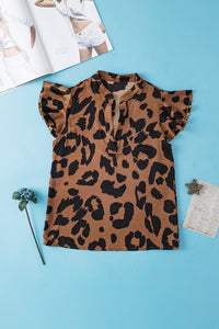 Ruffled Sleeve Blouse | Brown Leopard Split Neck Top