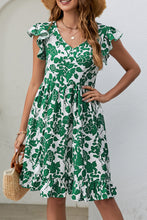 Load image into Gallery viewer, Dark Green Leaf Print V Neck Flutter Sleeve Dress | Dresses/Mini Dresses
