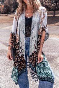 Bohemian Kimono | Green Floral Print Irregular Hem Kimono