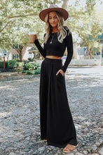 Load image into Gallery viewer, Black Solid Color Ribbed Crop Top Long Pants Set | Two Piece Sets/Pant Sets
