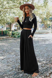 Black Solid Color Ribbed Crop Top Long Pants Set | Two Piece Sets/Pant Sets