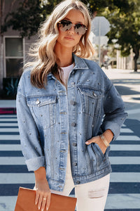 Rhinestone Denim Jacket | Mist Blue Studded Denim