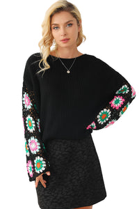 Black Floral Crochet Bell Sleeve Loose Sweater | Tops/Sweaters & Cardigans