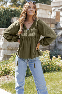 Pleated Loose Blouse | Green Embroidered Split Neck