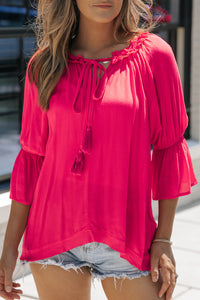 Rose Frilled Split V Neck Ruffled Sleeve Shift Top | Tops/Blouses & Shirts