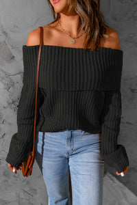 Black Ribbed Knit Foldover Off Shoulder Sweater