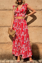 Load image into Gallery viewer, Fiery Red Multicolor Floral Ruffled Crop Top and Maxi Skirt Set | Two Piece Sets/Two Piece Dresses
