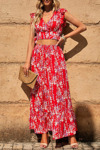 Fiery Red Multicolor Floral Ruffled Crop Top and Maxi Skirt Set | Two Piece Sets/Two Piece Dresses