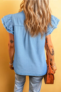 Beau Blue Button Front Ruffled Flutter Frayed Denim Top | Tops/Tops & Tees