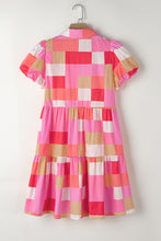 Load image into Gallery viewer, Puff Sleeve Dress | Pink Plaid Print Buttoned Tiered Dress
