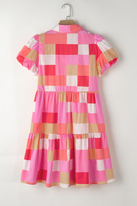 Puff Sleeve Dress | Pink Plaid Print Buttoned Tiered Dress