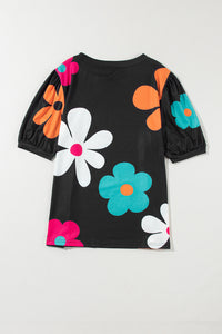 Black Flower Print Bubble Sleeve Tee | Tops/Tops & Tees