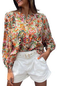 Puff Sleeve Shirt | Multicolor Floral Print Lace Splicing Button up