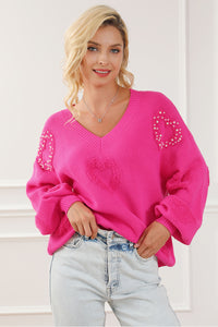 Rose Red Fuzzy Hearts V Neck Sweater