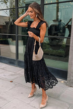 Load image into Gallery viewer, Black Midi Dress | Lace Smocked Bodice Sleeveless Dress
