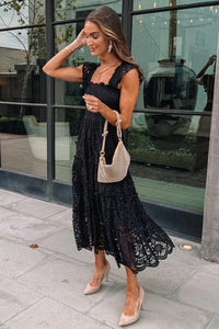 Black Midi Dress | Lace Smocked Bodice Sleeveless Dress