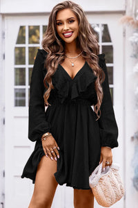 Mini Dress | Black Textured Ruffled V Neck High Waist