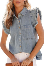 Load image into Gallery viewer, Denim Shirt | Beau Blue Frayed Ruffle Sleeve Top
