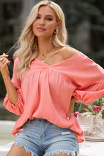 Load image into Gallery viewer, Pink Textured V Neck Bracelet Sleeve Babydoll Blouse | Tops/Blouses &amp; Shirts
