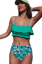 Load image into Gallery viewer, Green Ruffle Bikini Pattern Print High Waist Bikini Set | Swimwear/High Waisted Swimsuit
