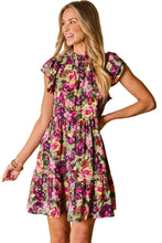 Load image into Gallery viewer, Green Floral Print Ruched Flutter Sleeve Frilled Neck Mini Dress | Dresses/Floral Dresses
