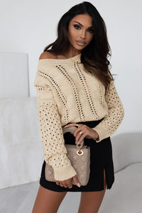 Drop Shoulder Sweater | Khaki Eyelets Cable Knit